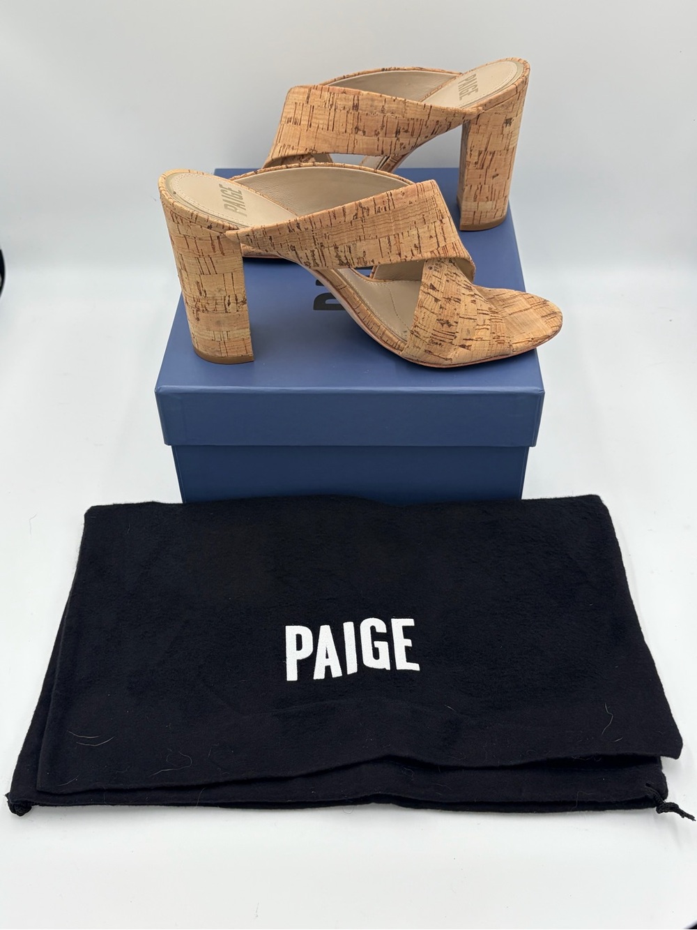 PAIGE Nadia Tan Cork-Effect Crossband Block Heel Mules Sandals